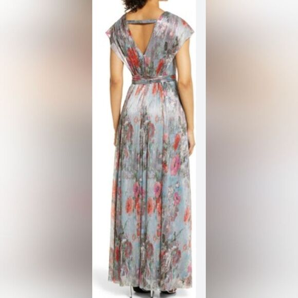 Eliza j metallic floral drape shoulder gown NWOT Size 2 Blue Multi-Color - Picture 2 of 6